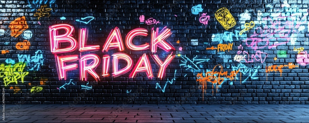 Fototapeta premium Eye-catching graffiti artwork featuring the words BLACK FRIDAY in a dynamic style on a dark urban wall, providing edgy decor with ample copy space for promotional text .