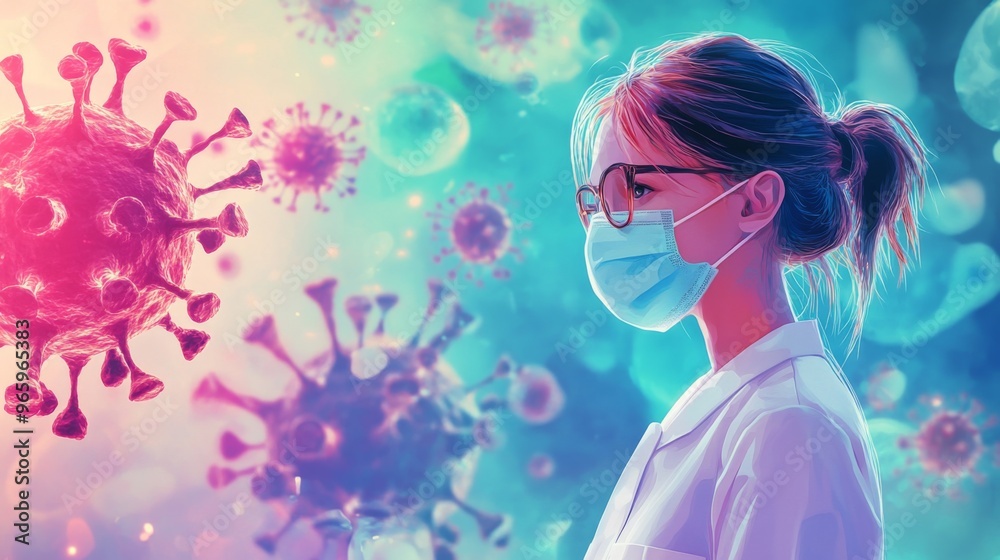 Healthcare Worker Wearing Mask Amidst Virus Illustration Healthcare Worker Wearing Mask Amidst Virus Illustration