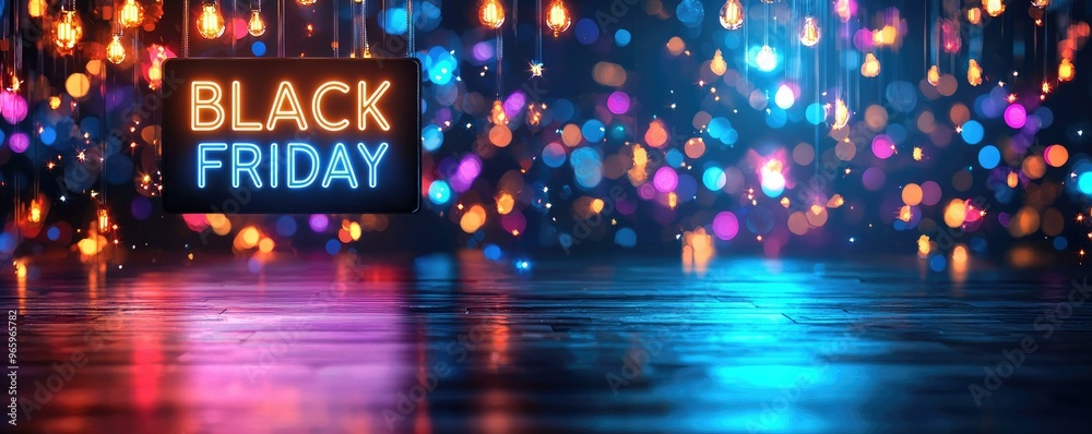 Discover the excitement of Black Friday with these illuminated marquee letters set against a dark, stage-like background, featuring space for additional text in a retro style.