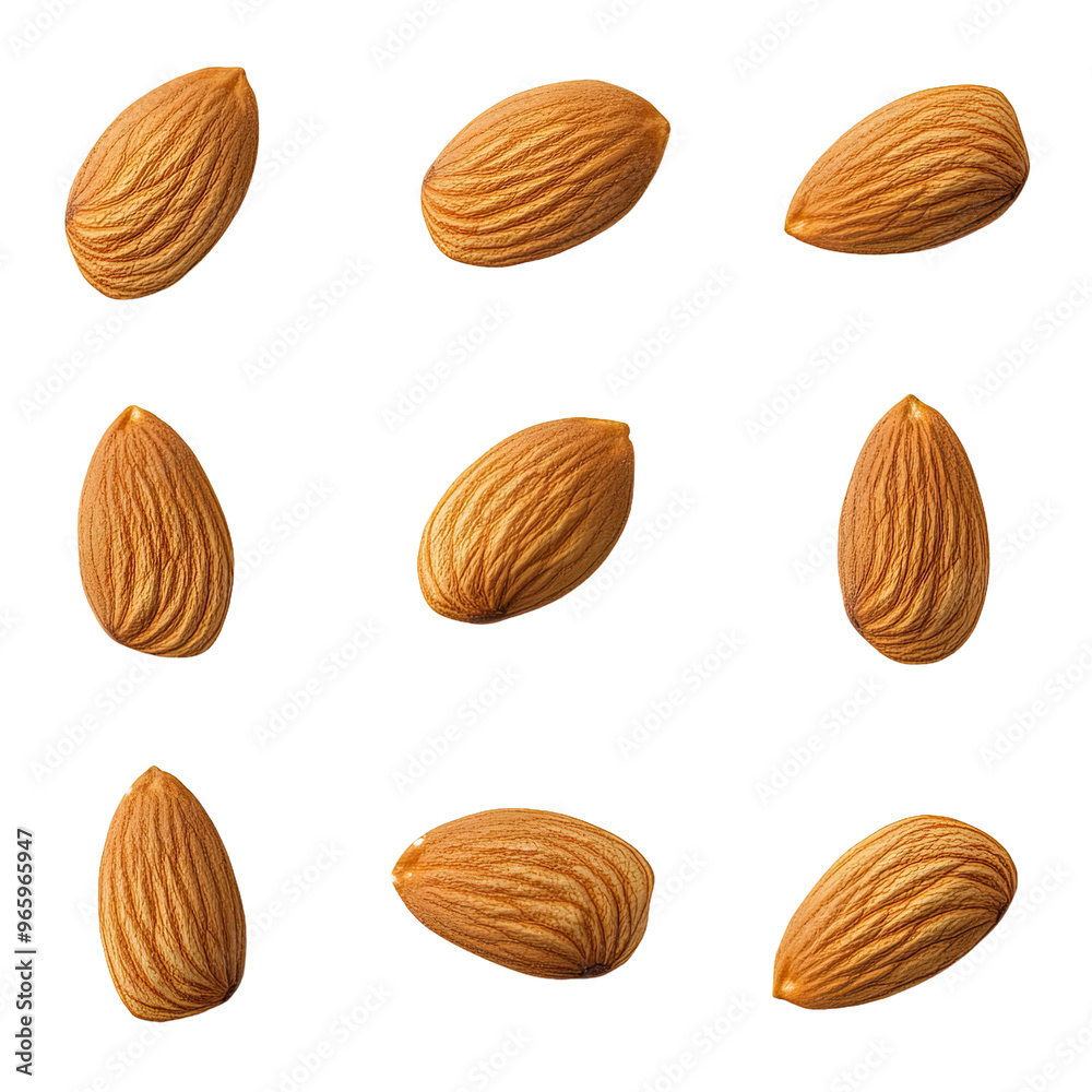 Nine almonds arranged in a grid pattern against a black background. Nine almonds arranged in a grid pattern against a black background.