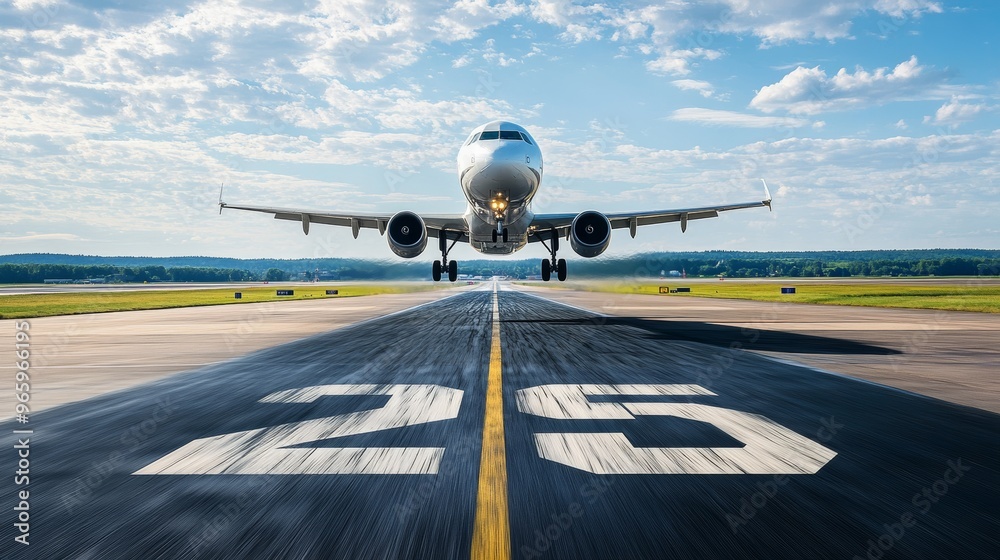 Passenger airplane taking off from runway number 25 Passenger airplane taking off from runway number 25