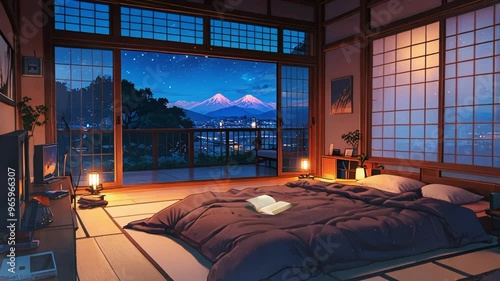 Japanese style bedroom at night, anime style. seamless looping 4k video background animation