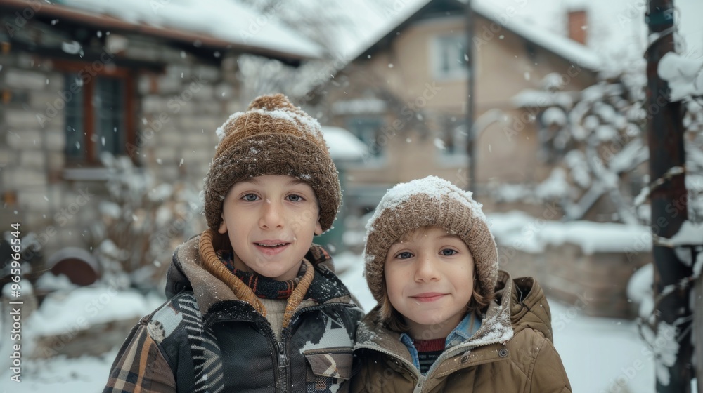 Two joyful children in winter gear smile at the camera in a snowy outdoor setting, capturing the joy of playing in the snow. Two joyful children in winter gear smile at the camera in a snowy outdoor setting, capturing the joy of playing in the snow.