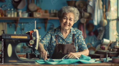 Elderly Asian woman smiles at her sewing machine in a blue-themed workshop, surrounded by scissors and tools, creating a cozy setting.