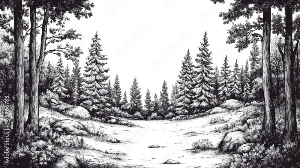 Fototapeta premium Hand drawn forest landscape illustration in a vintage engraving style Editable 2D cartoon artwork 8 EPS files included