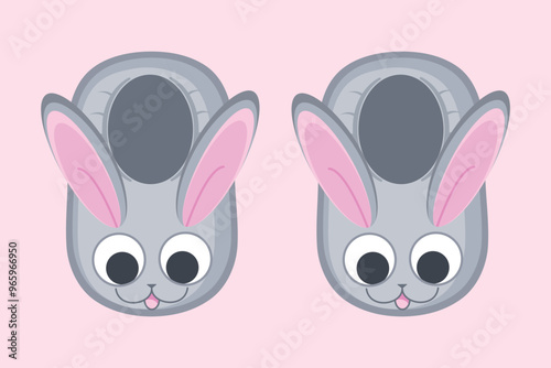 Cute cartoon bunny slippers. Soft and cozy house slippers with rabbit bunny face. Vector illustration