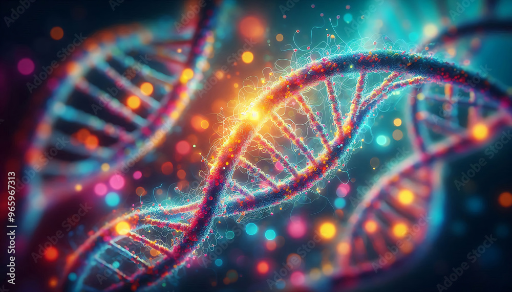 A DNA double helix structure against a blurred colorful background. The DNA strands are depicted with glowing vibrant colors showcasing the nucleotide bases and phosphate backbone A DNA double helix structure against a blurred colorful background. The DNA strands are depicted with glowing vibrant colors showcasing the nucleotide bases and phosphate backbone