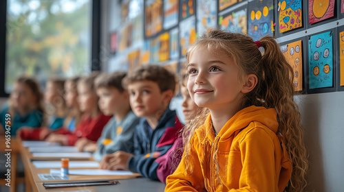 Classroom with autumn-themed science posters, students discussing fall weather patterns, Autumn Science Class, Seasonal Learning