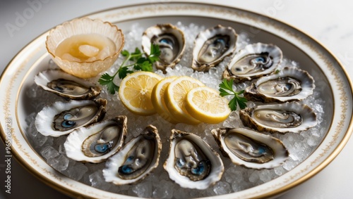 Fresh opened oysters with lemon and mignonette sauce on ice photo