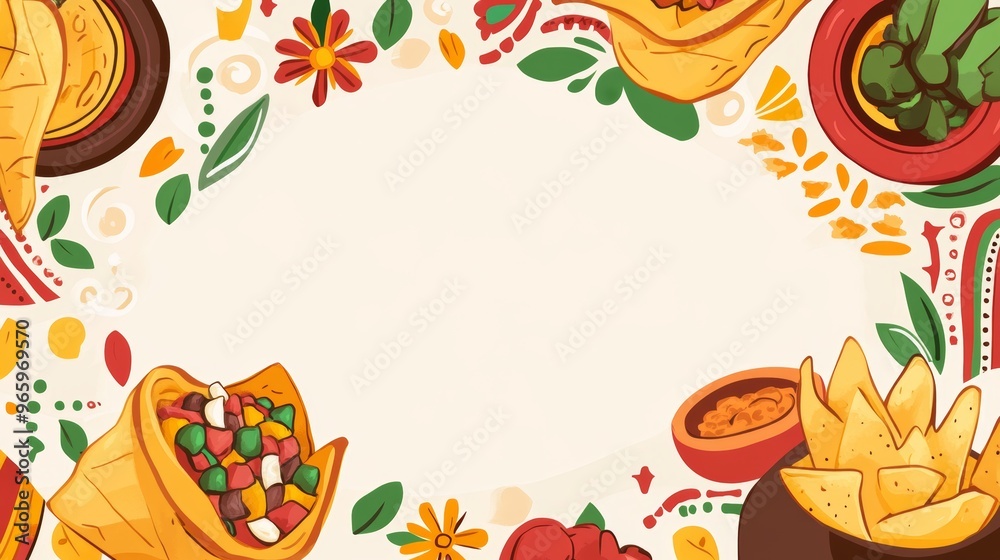 Fototapeta premium Festive Mexican Cuisine Display with Vibrant Marigold Border for Custom Graphics and Text Placement
