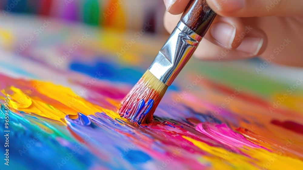 Fototapeta premium A person painting with a paintbrush on colorful paper, AI