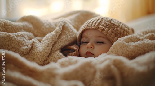Baby bundled up in a cozy blanket, soft focus on the fabric texture, background of a warm and inviting nursery