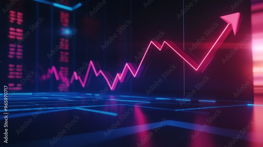 Perspective view of modern growing financial graph with rising up arrow on dark blue background with empty space for you logo. Investing, trading and stock market concept. Mockup, 3D Rendering.