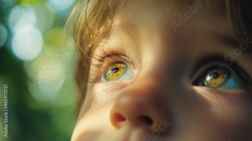 Close-up of a childâ xeyes full of wonder, soft focus on their gaze, blurred background of a magical forest photo