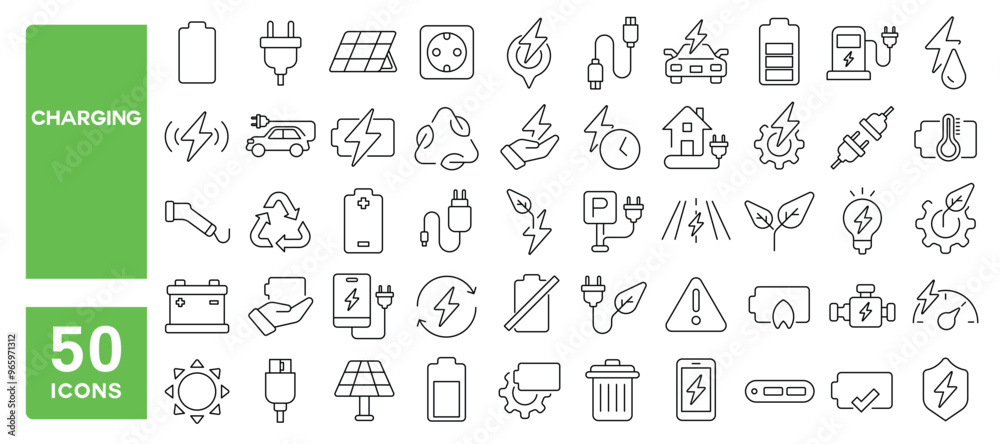 Set of 50 line icons related to charging, energy, battery, recharge, electric, charging, car, lighting, solar, socket, power, Editable stroke. Vector illustration Set of 50 line icons related to charging, energy, battery, recharge, electric, charging, car, lighting, solar, socket, power, Editable stroke. Vector illustration