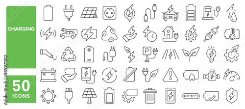 Set of 50 line icons related to charging, energy, battery, recharge, electric, charging, car, lighting, solar, socket, power, Editable stroke. Vector illustration