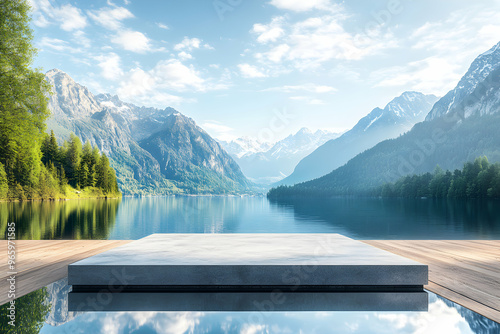 A serene lake reflecting mountains,  perfect for showcasing products or creating a tranquil atmosphere.