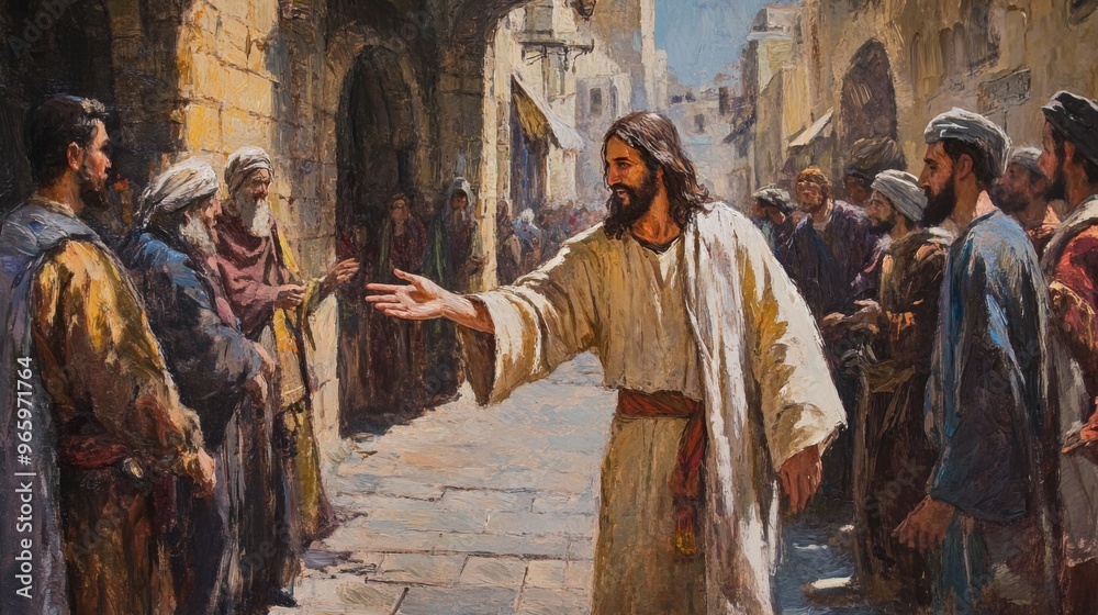 Fototapeta premium Jesus christ extending hand in welcome in jerusalem street