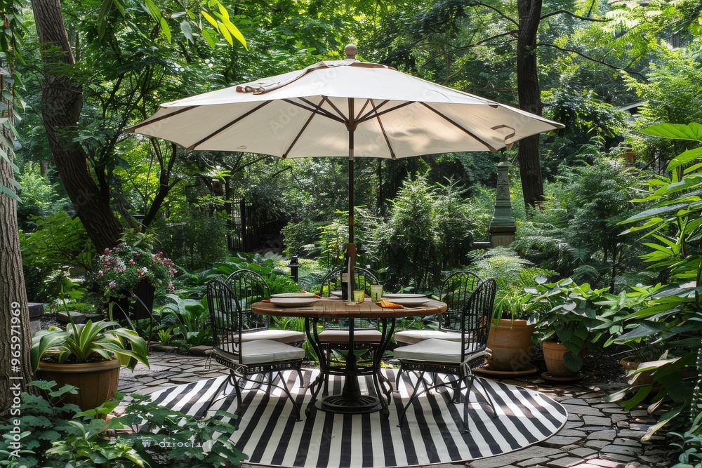 Obraz premium Black and white striped outdoor rug with dining area, four chairs, umbrella, and garden setting with natural elements.