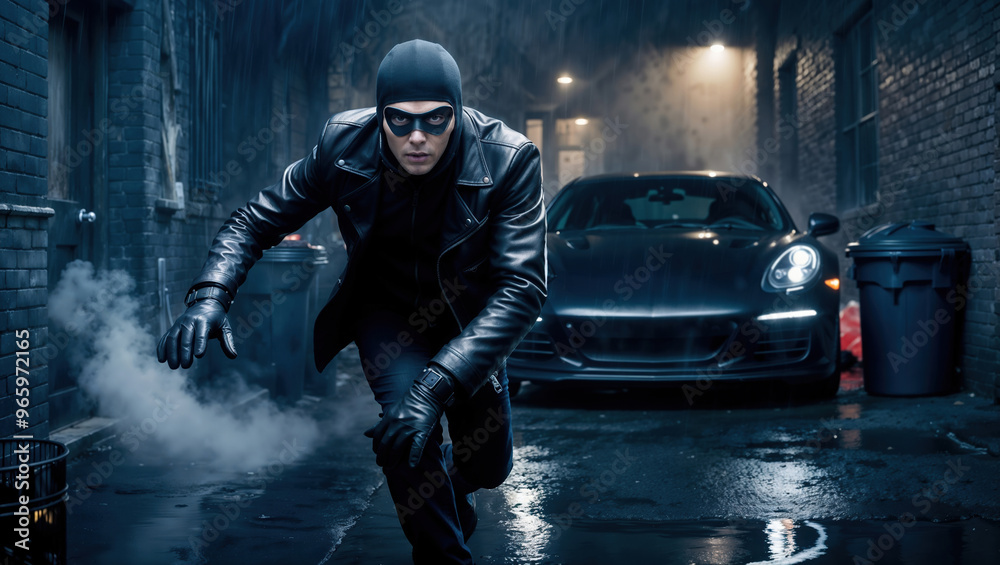 Obraz premium Masked man is crouching in a dark city alley at night approaching a luxury car