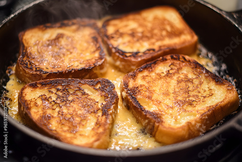 Monte Cristo sandwich preparation on pan.