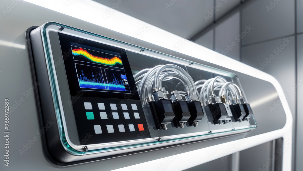 Fototapeta premium Futuristic control panel displaying colorful digital data in a technological laboratory