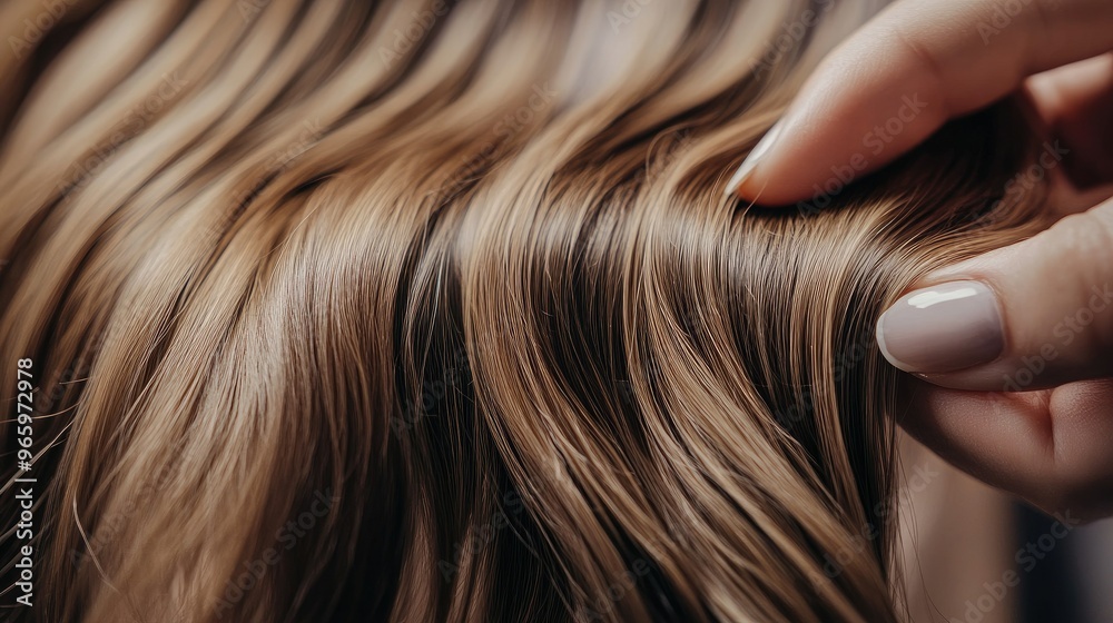 Fototapeta premium A stylists hands carefully placing hair extensions, blending them seamlessly into a clients natural hair.