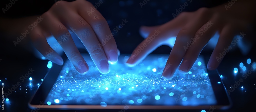 Close-up of hands interacting with a glowing blue tablet screen. Close-up of hands interacting with a glowing blue tablet screen.
