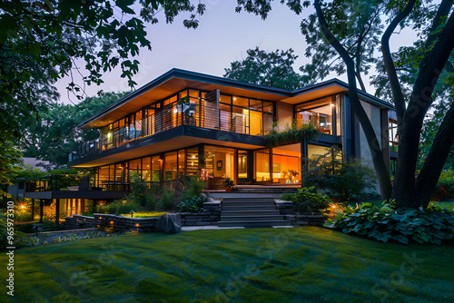 3d rendering of modern cozy house with garage and pool for sale or rent with wood plank facade ,Black night lighting