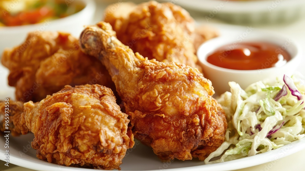 Crispy fried chicken, golden brown and juicy, served with a side of coleslaw and dipping sauces, comfort food at its best Crispy fried chicken, golden brown and juicy, served with a side of coleslaw and dipping sauces, comfort food at its best