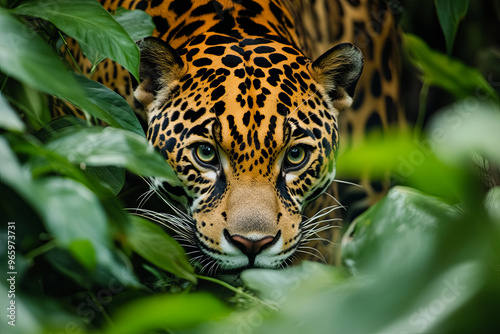 Jaguar prowling through the jungle undergrowth 