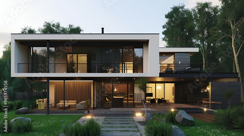 modern home with sleek and minimalist exterior, featuring angular shapes and clean lines, Modern Detached House with Beautiful Garden in City Real Estate 