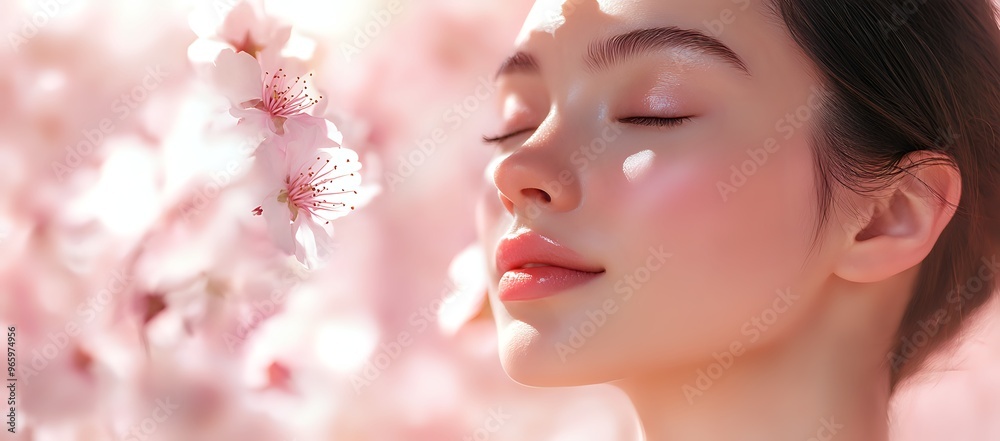Close up of a woman with closed eyes smelling cherry blossoms. Close up of a woman with closed eyes smelling cherry blossoms.