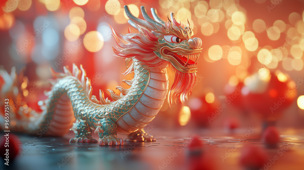 Fototapeta premium dragon stronger stone or jade lamp china line Beautiful walkway holiday Focus stacking, 3d rendering illustration background for happy chinese new year 2025 the dragon zodiac sign with red and gold 