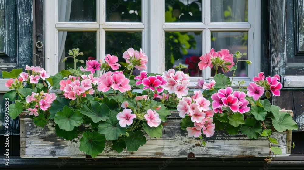 Fototapeta premium Pastel-colored geraniums in a charming window box