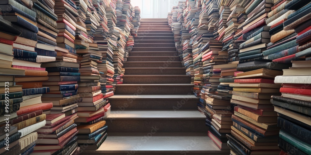 Fototapeta premium Staircase Lined with Tall Stacks of Books
