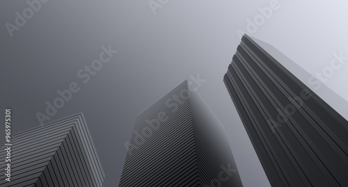 Tall houses,building black and white, colorless landscape of high rise, buildings urban abstract gray minimal design, futuristic tall buildings in fog,wallpaper.3D render