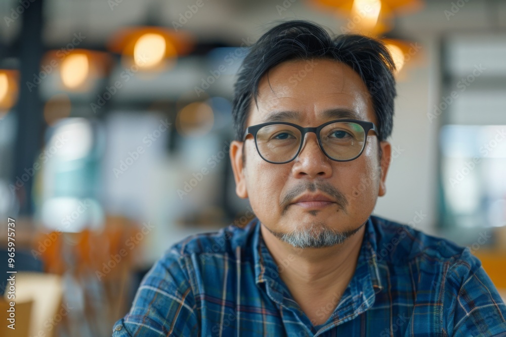 Portrait of a middle aged asian male worker in start up company office Portrait of a middle aged asian male worker in start up company office