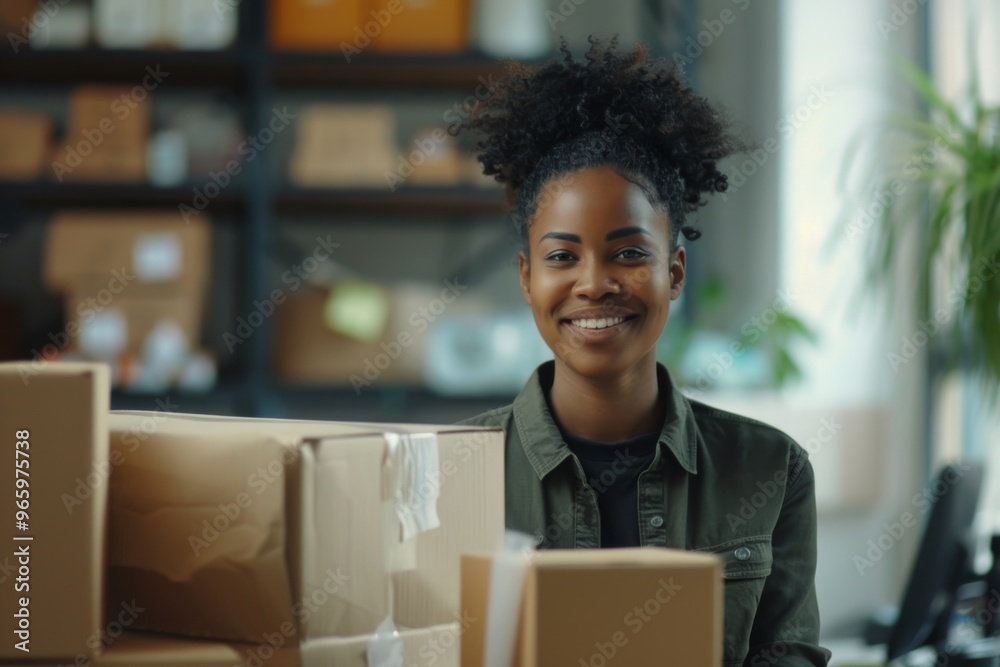 Happy young female Handling shipping and logistics in startup company office Happy young female Handling shipping and logistics in startup company office