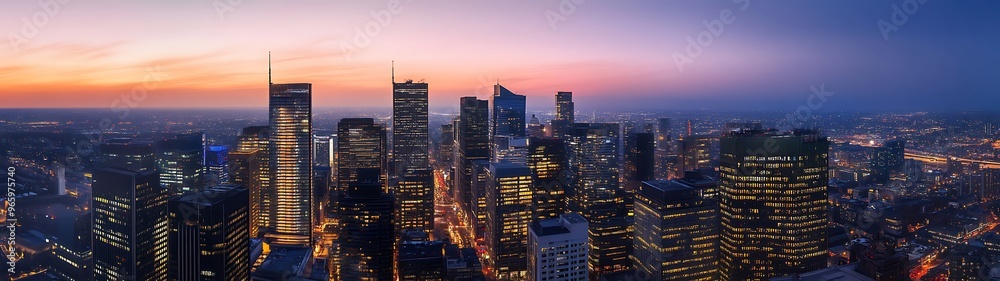 Obraz premium Twilight Glow Over Urban Metropolis - Vivid Cityscape with Illuminated Buildings and Hyperrealistic Details