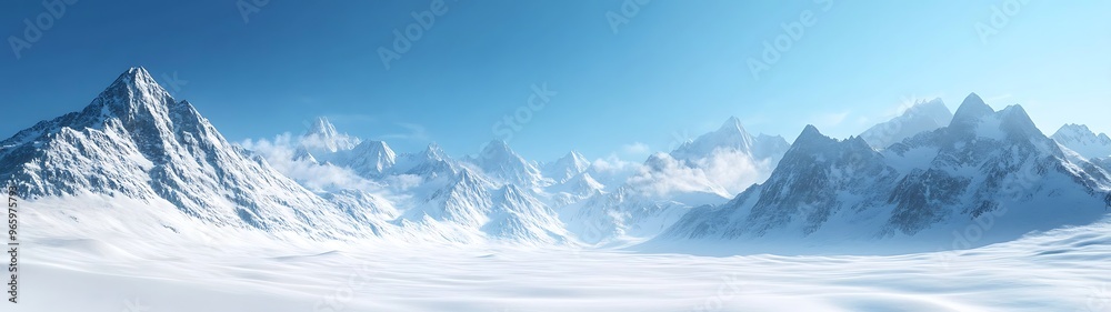 Majestic Snow-Covered Mountain Range in Hyperrealistic Detail under Clear Blue Sky Majestic Snow-Covered Mountain Range in Hyperrealistic Detail under Clear Blue Sky