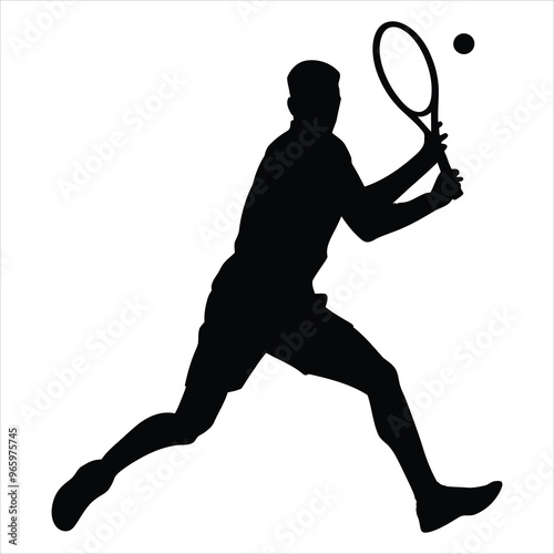Silhouette of a tennis players vector on white Tennis player man with racket hits the ball