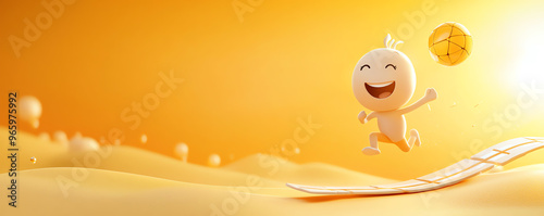 A cheerful character joyfully runs in a vibrant, sunny landscape, capturing the essence of happiness and playfulness.