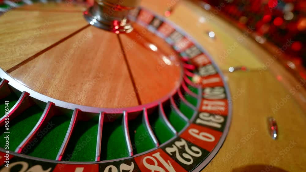 The whole casino scene is painted in warm red tones, a woman in a shiny dress starts a roulette wheel, absorbed in the moment of the game. The whole casino scene is painted in warm red tones, a woman in a shiny dress starts a roulette wheel, absorbed in the moment of the game.