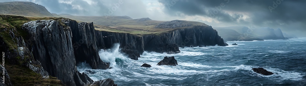 Fototapeta premium Majestic Hyperrealistic Panoramic Coastal Landscape with Dramatic Cliffs, Crashing Waves, and Moody Sky