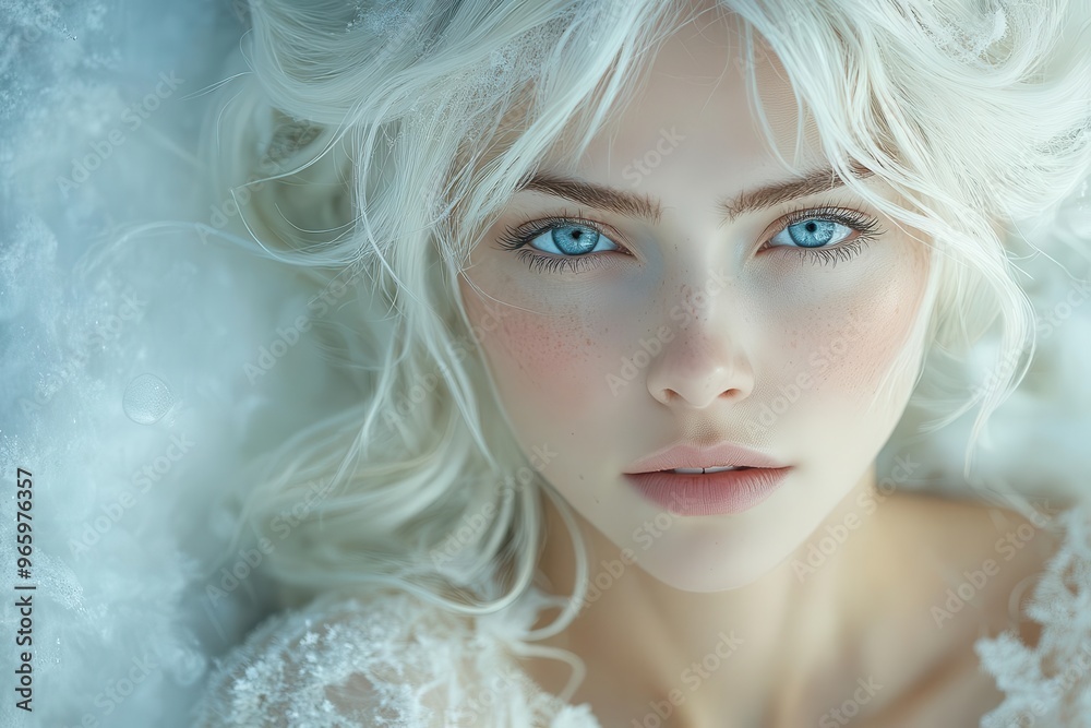 ethereal portrait of a nordic woman with piercing blue eyes delicate features and platinum blonde hair against a misty forest background ethereal portrait of a nordic woman with piercing blue eyes delicate features and platinum blonde hair against a misty forest background