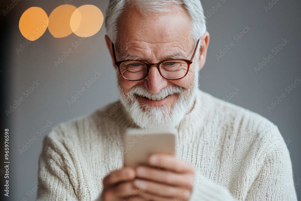 Elderly man smiles while using a smartphone Elderly man smiles while using a smartphone