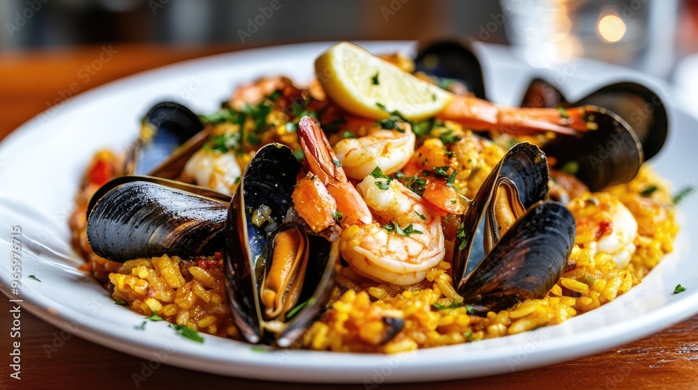 Plate of fresh seafood paella, with mussels, shrimp, and saffron-infused rice, colorful and aromatic, ready to eat Plate of fresh seafood paella, with mussels, shrimp, and saffron-infused rice, colorful and aromatic, ready to eat