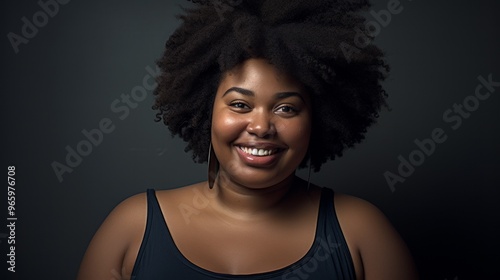 Portrait of dark skinned plus size woman smiles gladfully being in good mood. Neural network ai generated art