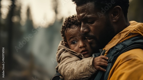 A man holds a baby in a smoky forest, capturing a poignant scene filled with emotion, protection, and urgency, symbolizing the strength of familial bonds amidst crises.